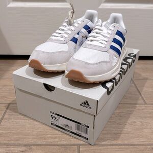 adidas White Sneakers with Blue Stripes and Gum Outsole